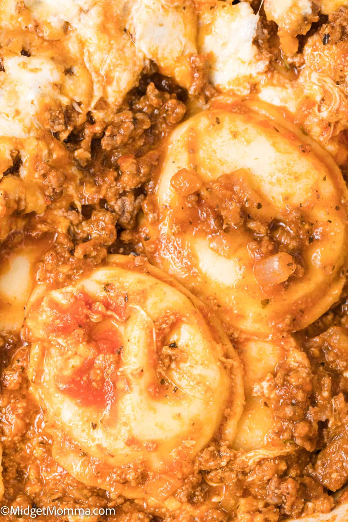 close up photo of Easy Baked Ravioli Casserole Recipe in a casserole dish