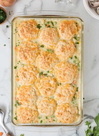 Easy Chicken Pot Pie Casserole with Cheddar Drop Biscuit Topping