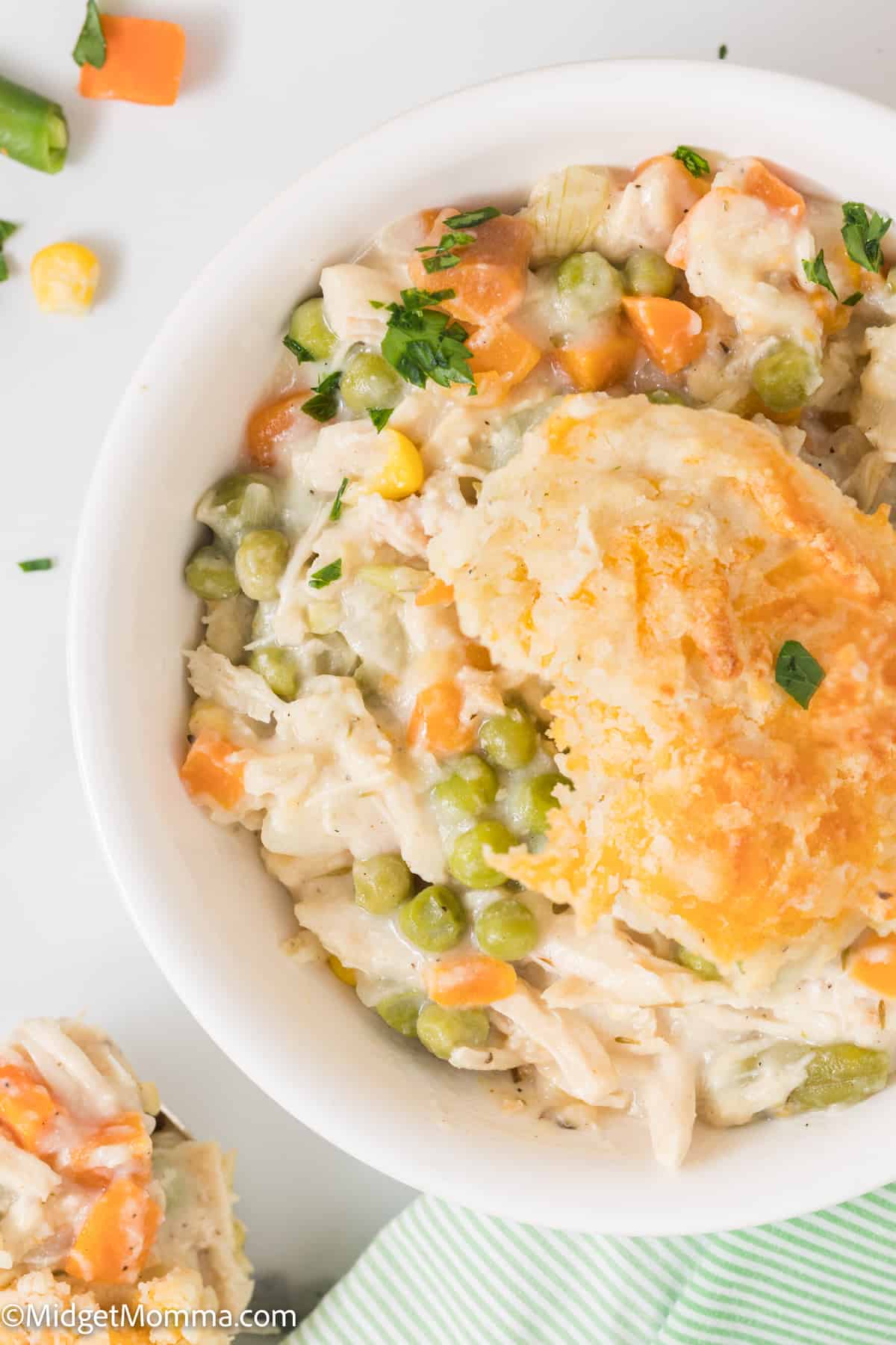 overhead photo of Easy Chicken Pot Pie Casserole with Cheddar Drop Biscuit Topping