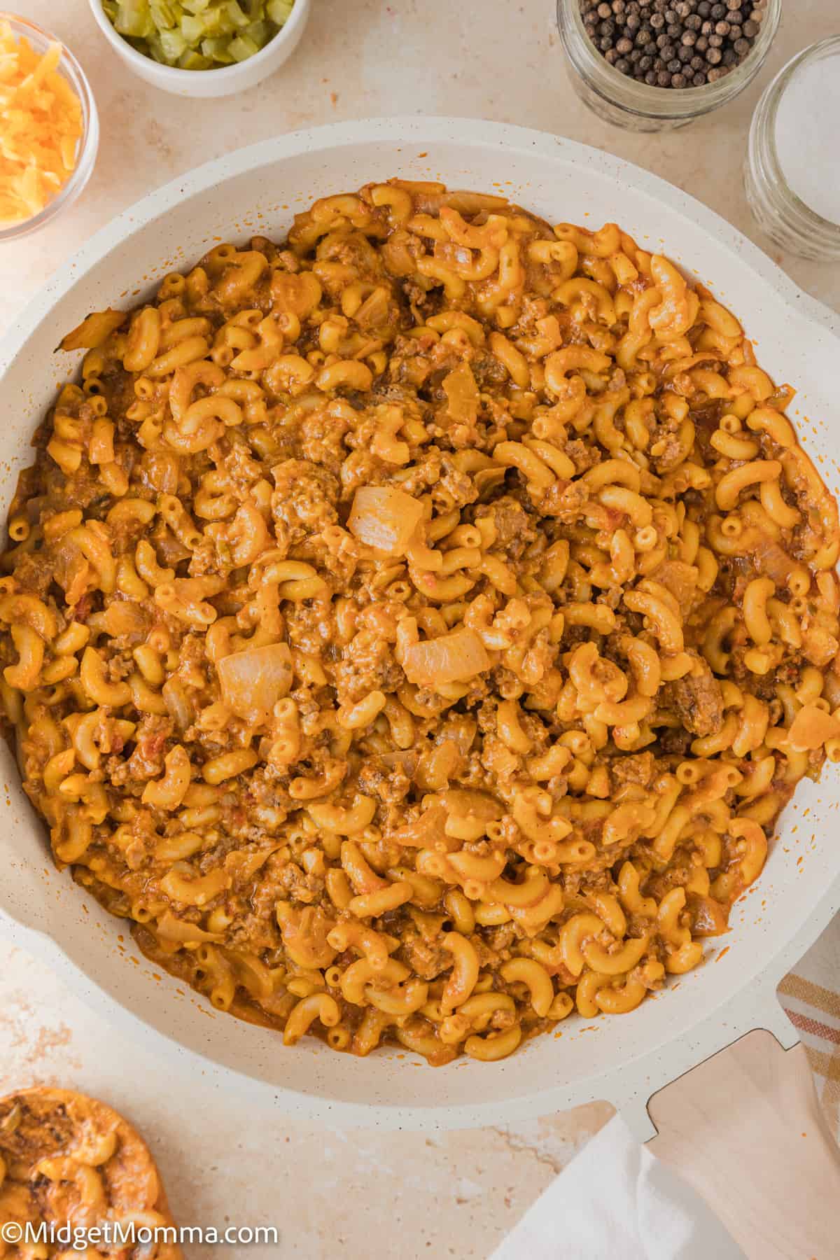 overhead photo of a skillet of Homemade Hamburger Helper 