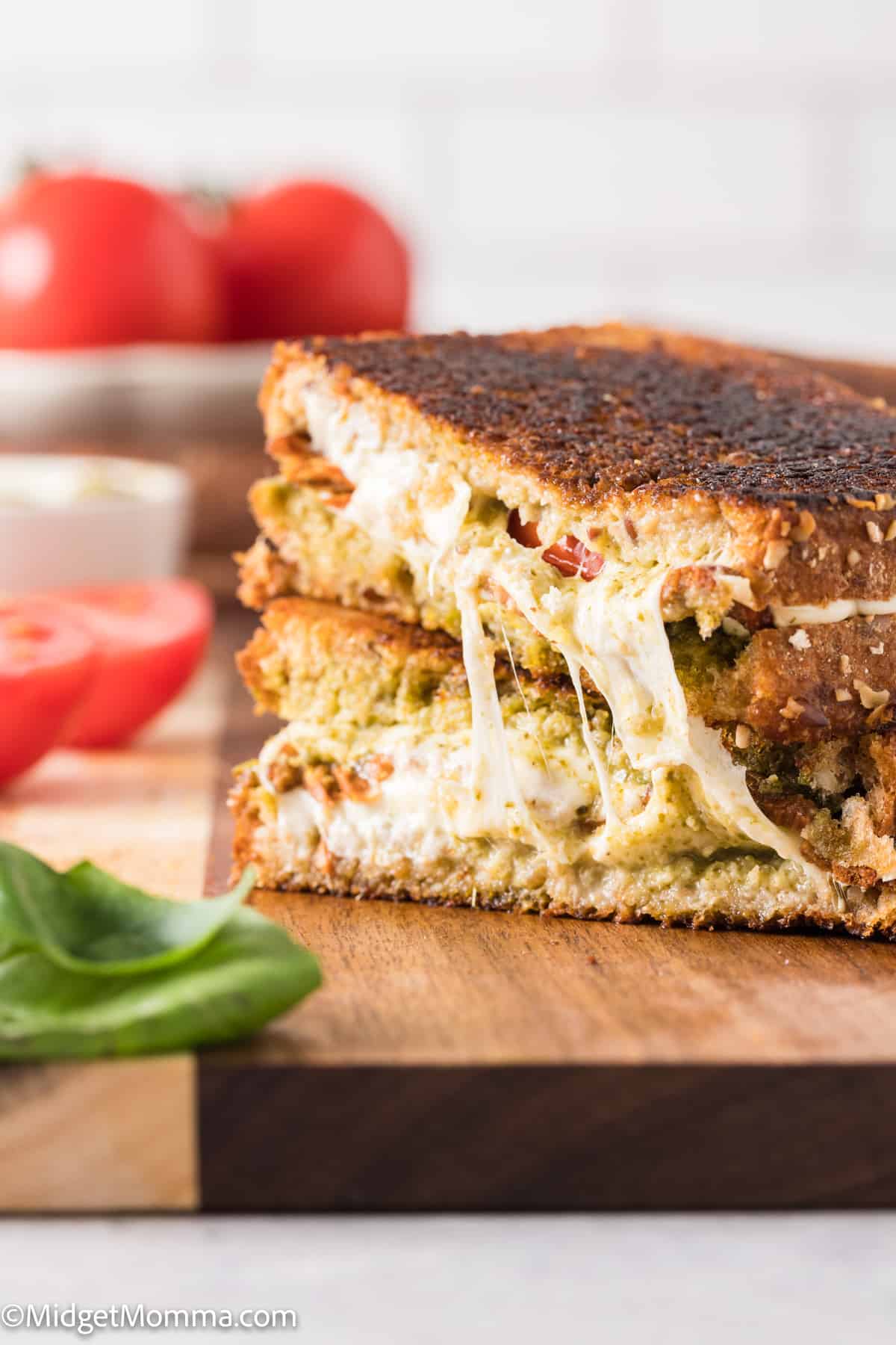 Pesto Grilled Cheese Sandwich Recipe with Mozzarella Cheese, Tomato & Bacon