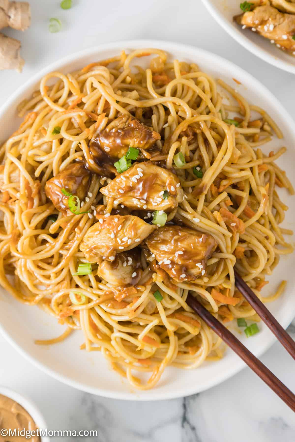 overhead photo of Thai Peanut Noodles with Chicken on a white plate with chopsticks