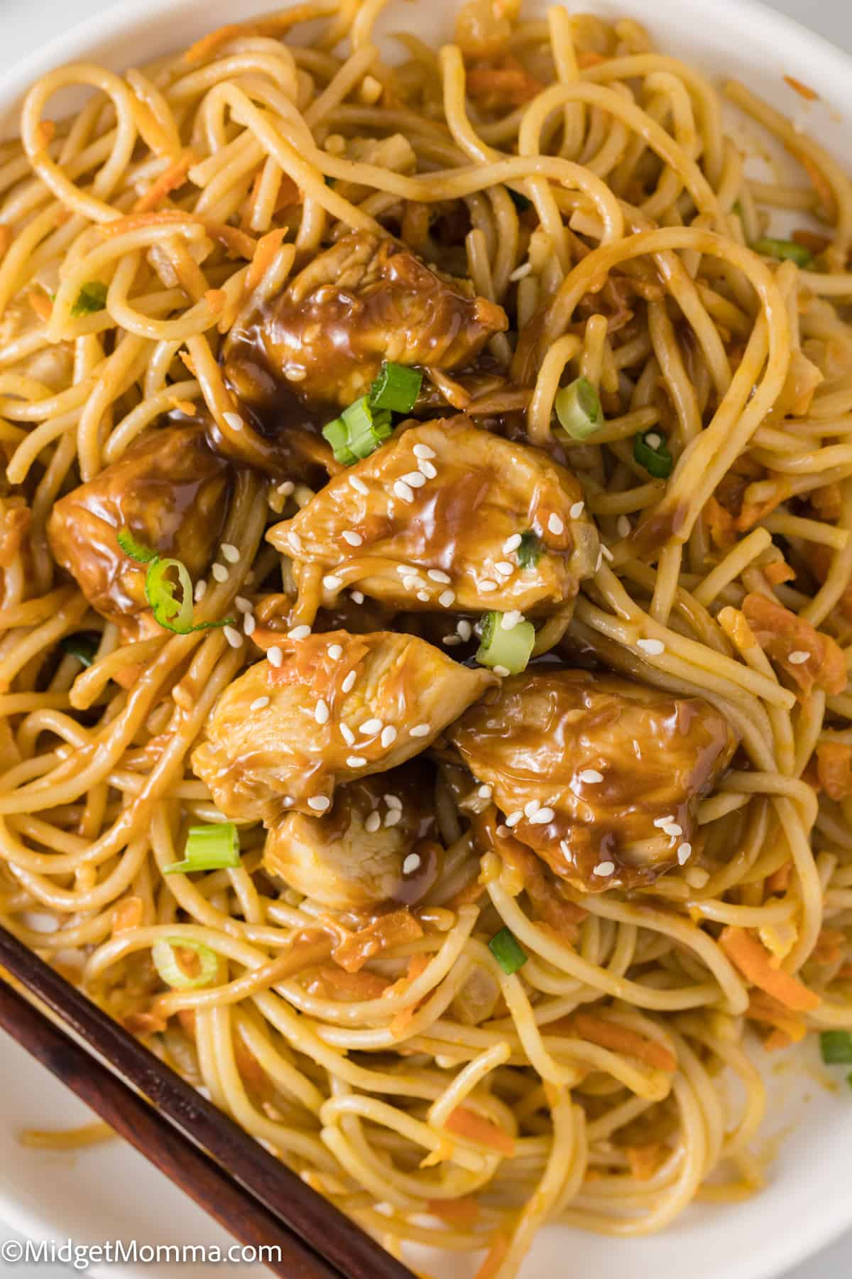 close up overhead photo of a white plate with Thai Peanut Noodles with Chicken