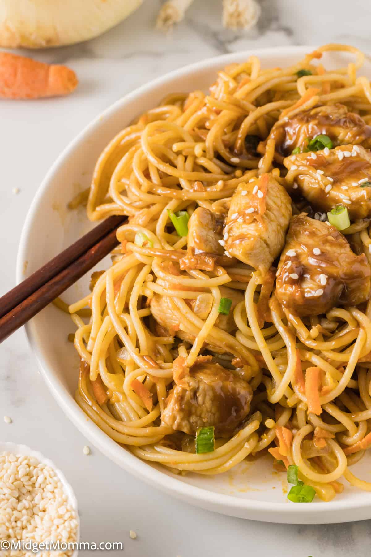 Thai Peanut Noodles with Chicken in a serving bowl