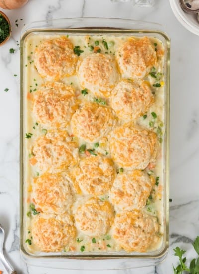 Easy Chicken Pot Pie Casserole with Cheddar Drop Biscuit Topping