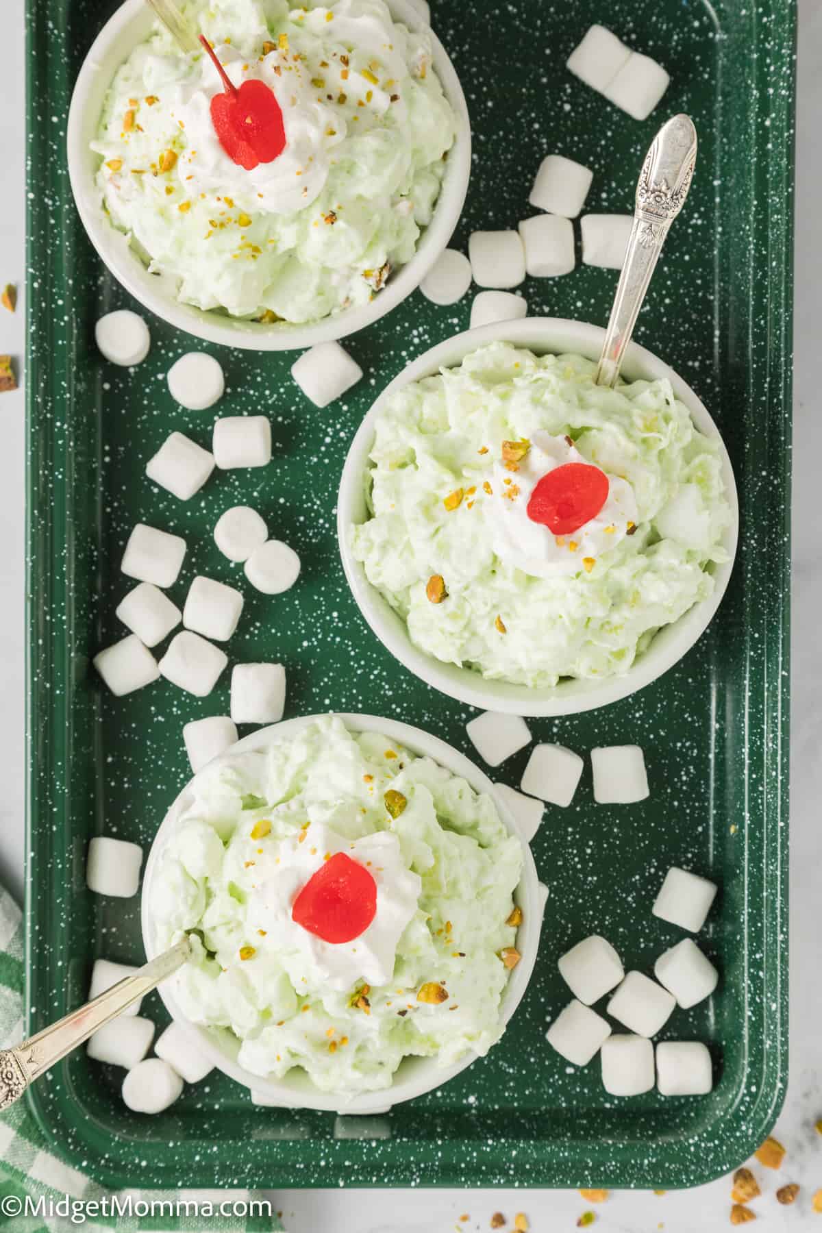 overheard photo of 2 bowls of Watergate Salad Recipe (Pistachio Fluff Salad)