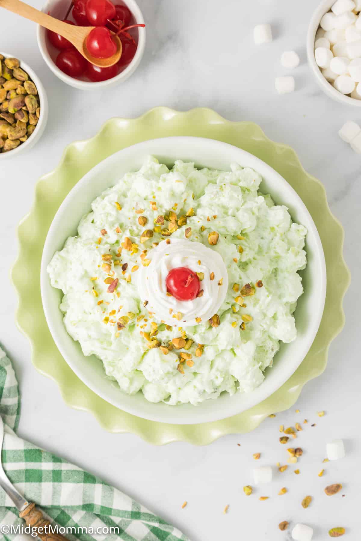 overhead photo of serving bowl of Watergate Salad Recipe (Pistachio Fluff Salad)