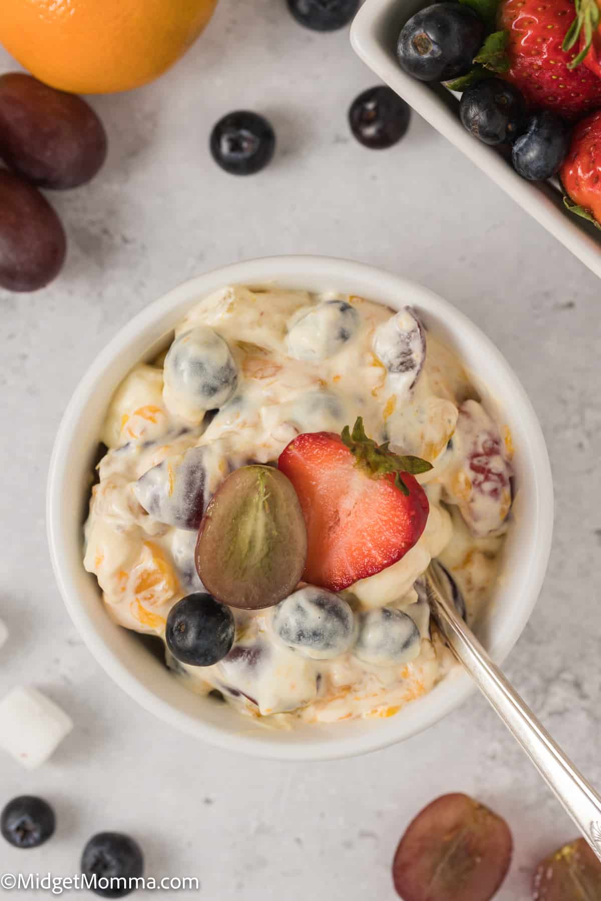 close up overhead photo of a serving of Vanilla Pudding Fruit Salad 