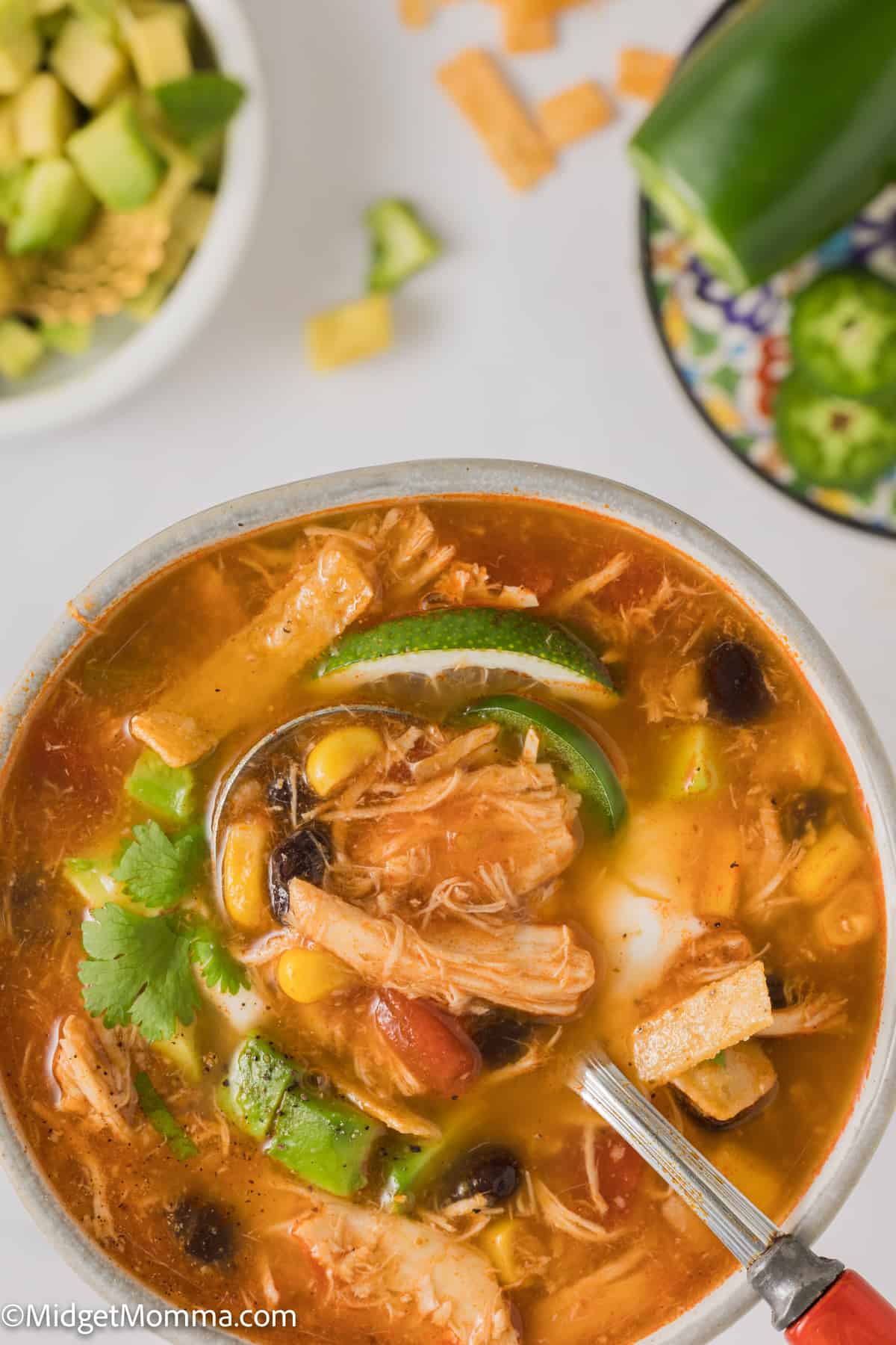 close up over head photo of a bowl of Easy 30-Minute Chicken Tortilla Soup topped with sour cream, cheese, jalapeno peppers and cilantro 