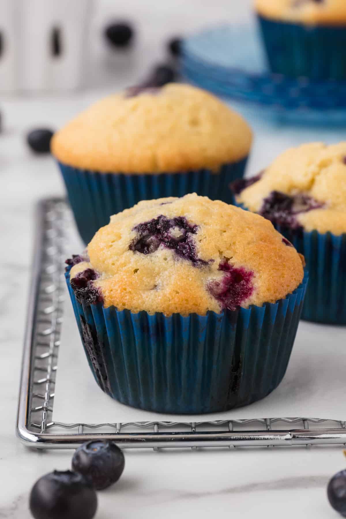 Blueberry muffins on a cooling rack.