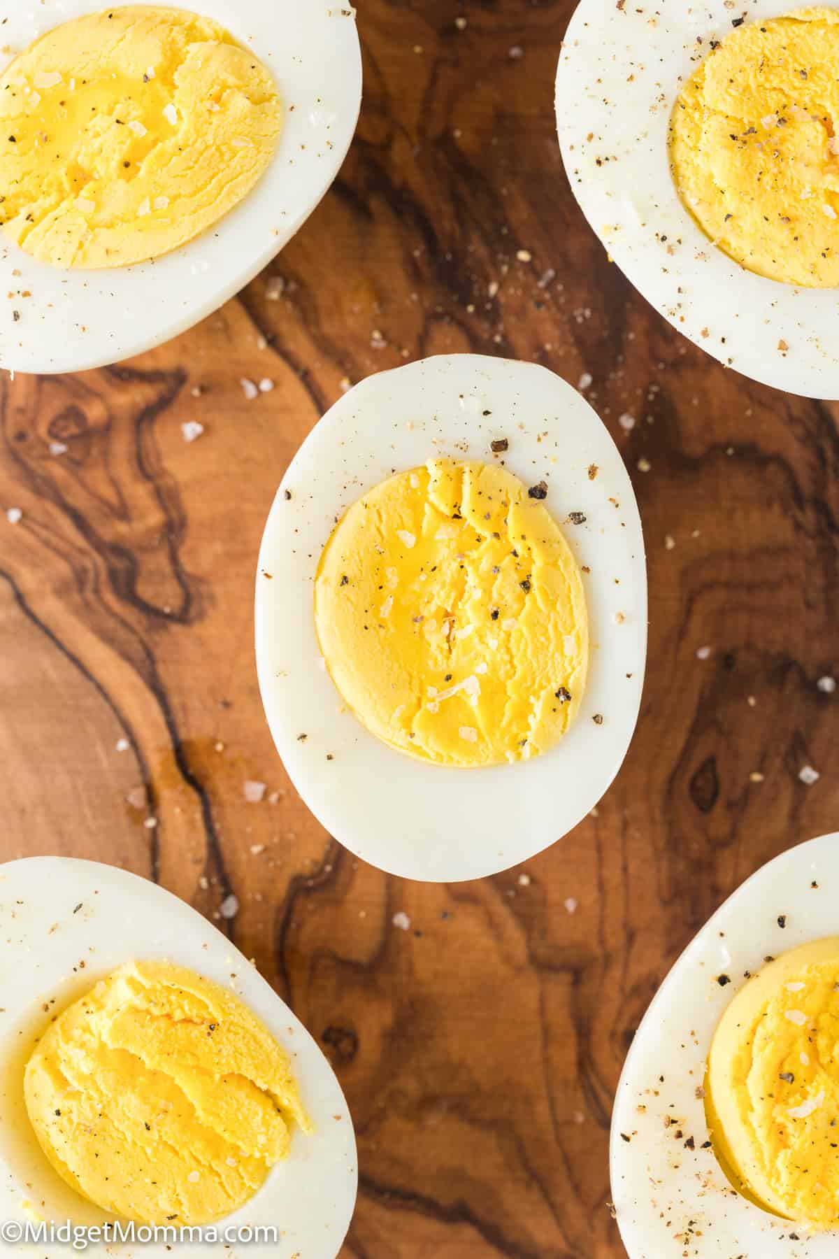 overhead photo of air fryer hard boiled eggs on a platter