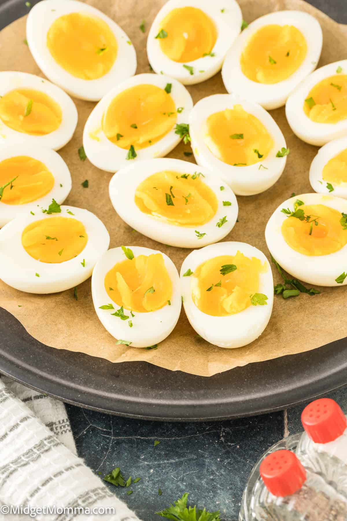 cooked 7-minute Eggs on a platter