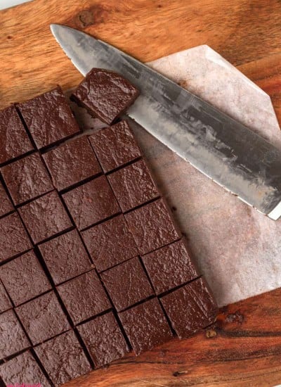 Overhead Photo of Easy Chocolate Fudge cut into pieces