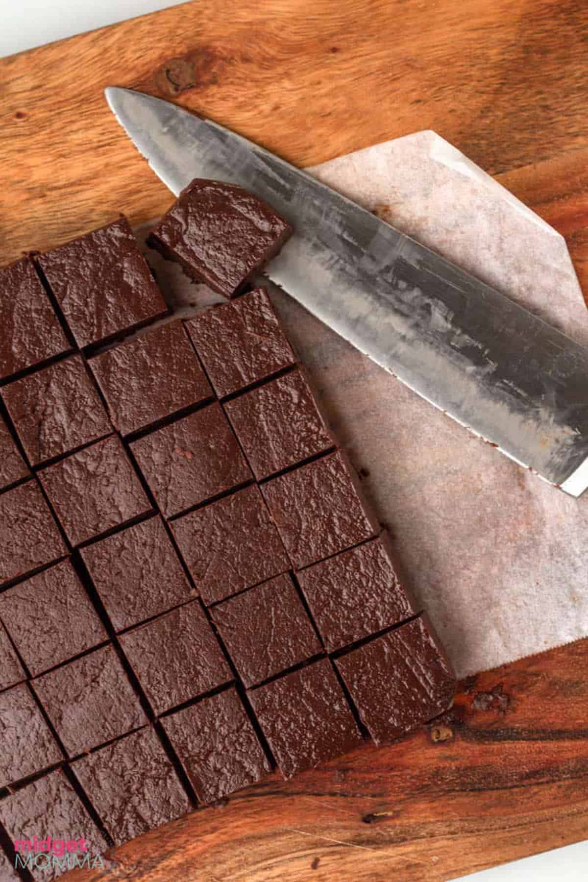 Overhead Photo of Easy Chocolate Fudge cut into pieces 