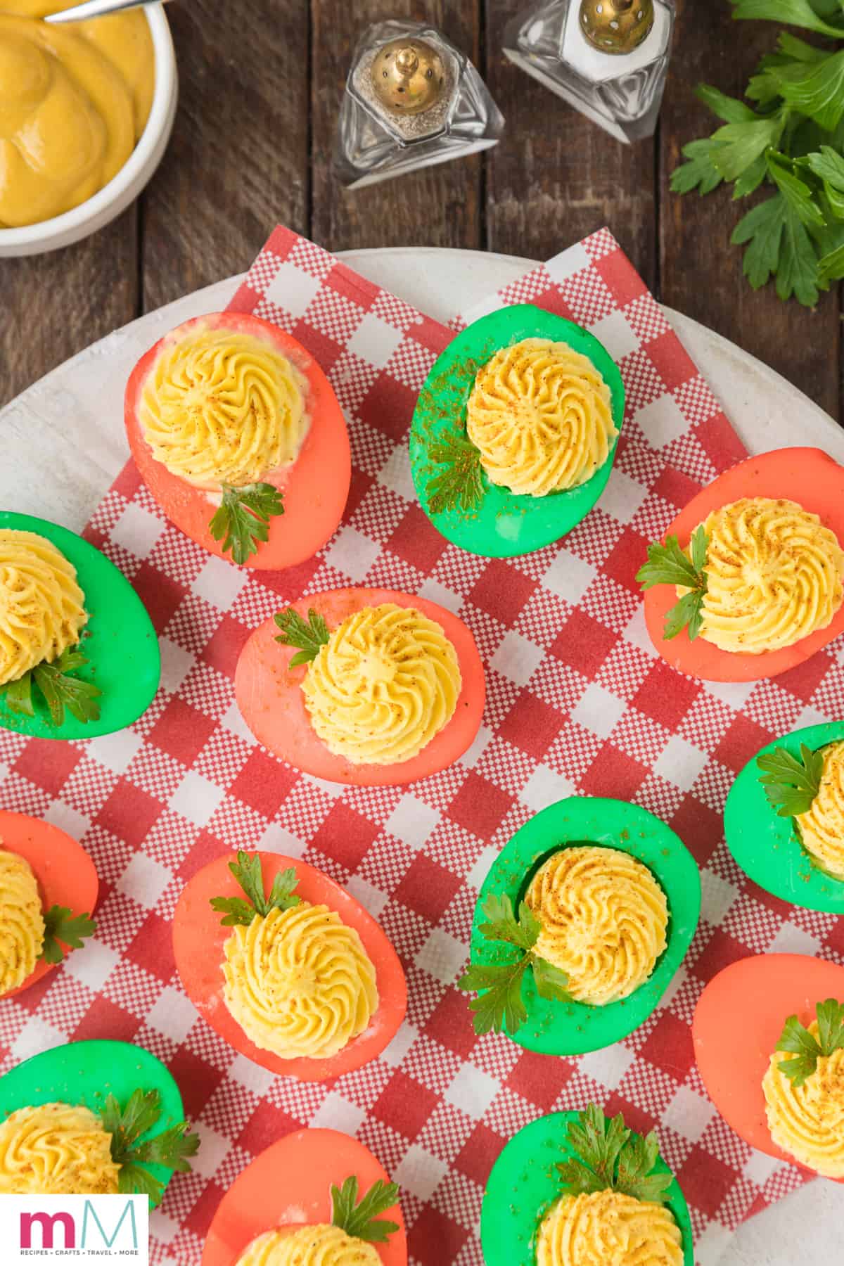 overhead photo of Christmas Deviled Eggs on a platter