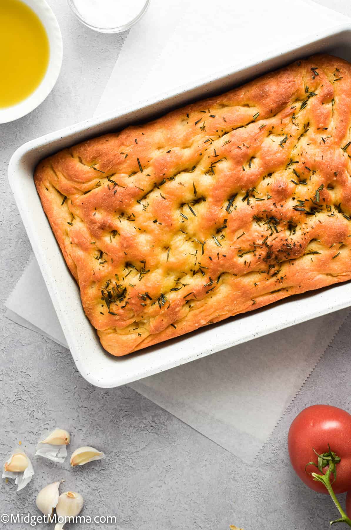 Easy Focaccia Bread in a baking dish