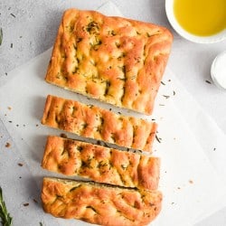 overhead photo of Easy Focaccia Bread Recipe with Rosemary and Sea Salt