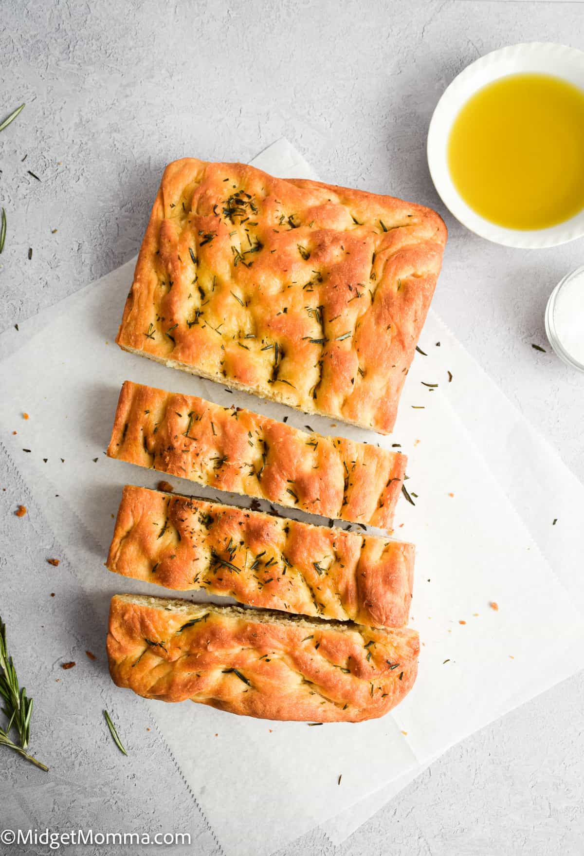 overhead photo of Easy Focaccia Bread Recipe with Rosemary and Sea Salt