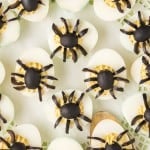 overhead photo of a platter with Spooky Spider Halloween Deviled Eggs on it