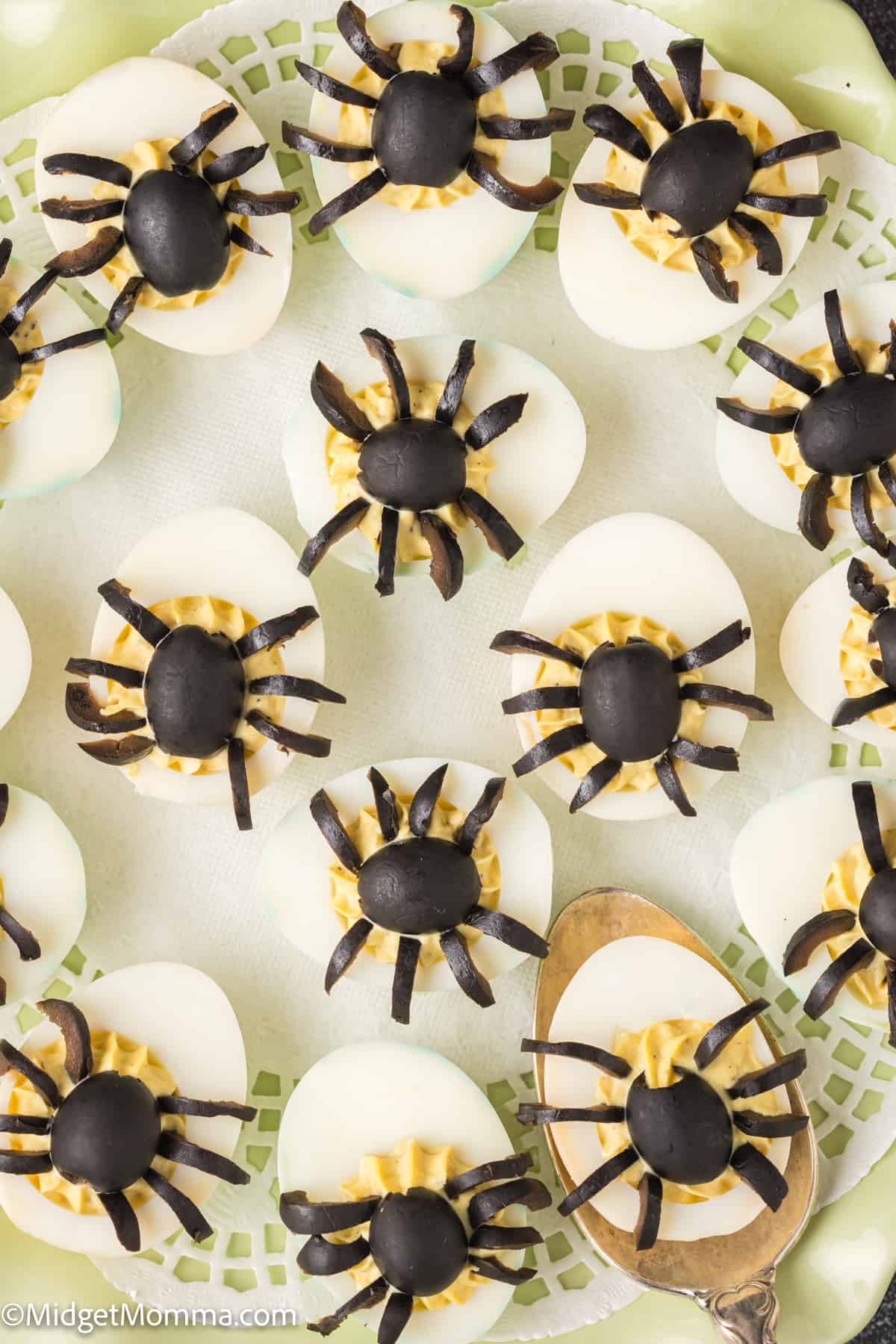 overhead photo of a platter with Spooky Spider Halloween Deviled Eggs on it