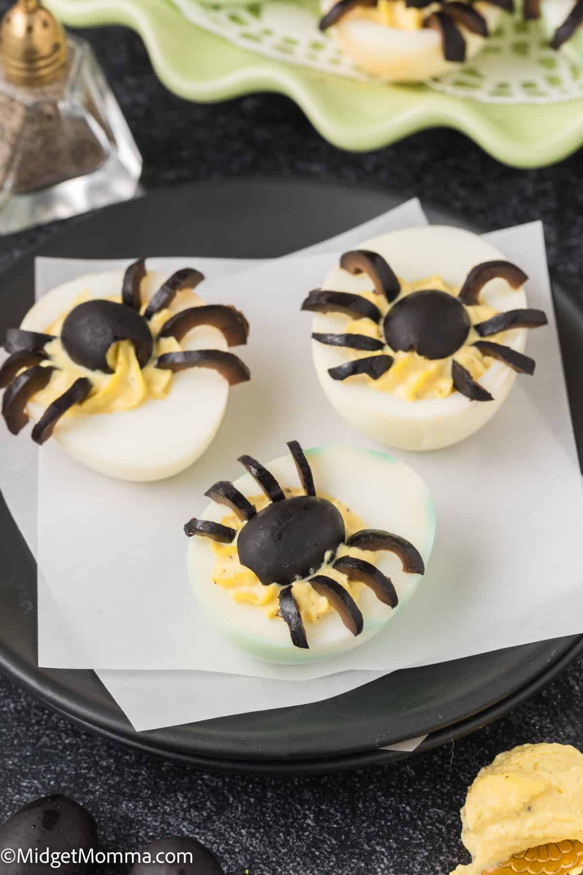 Spooky Spider Halloween Deviled Eggs on a plate 