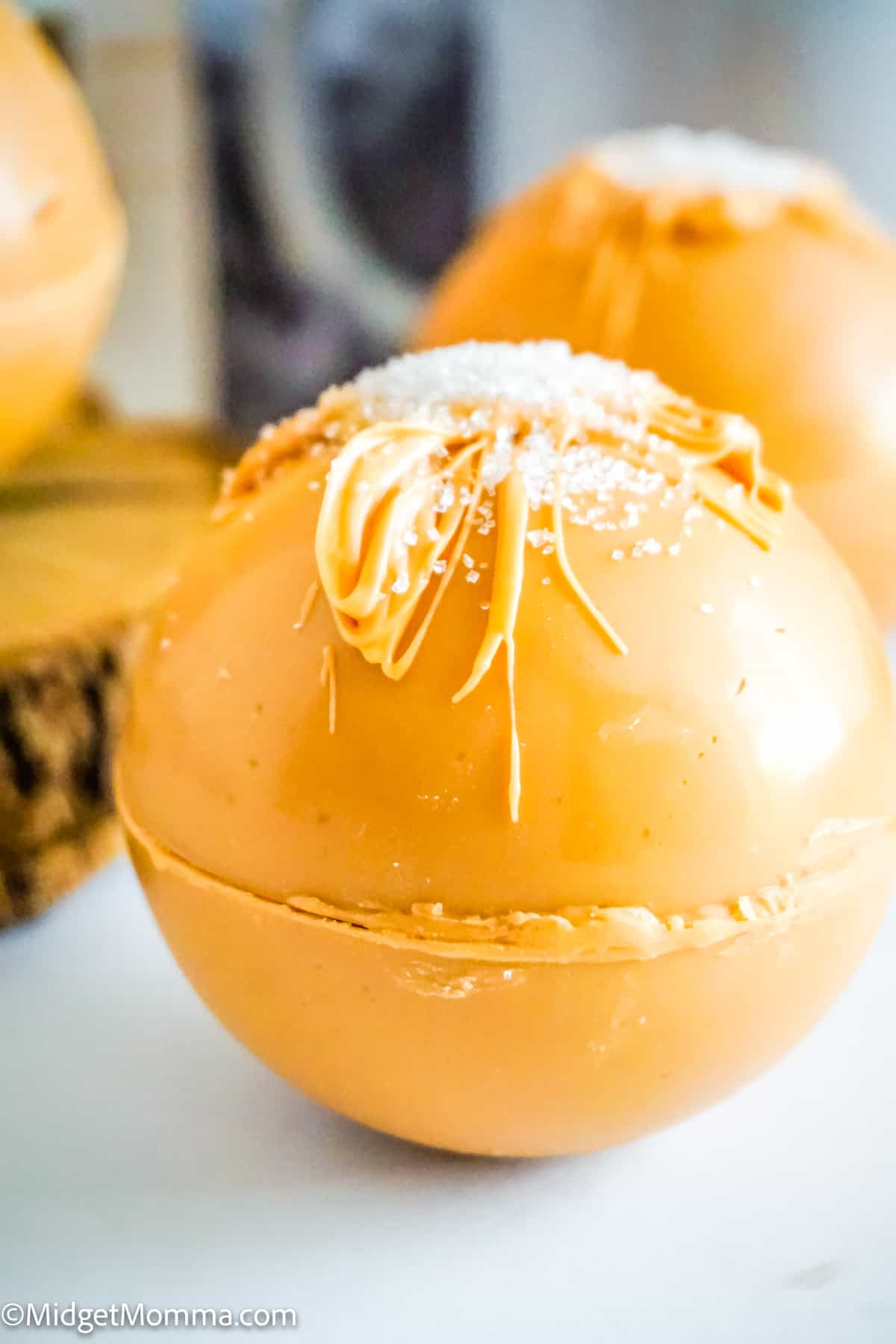 close up photo of Salted Caramel Hot Chocolate Bomb