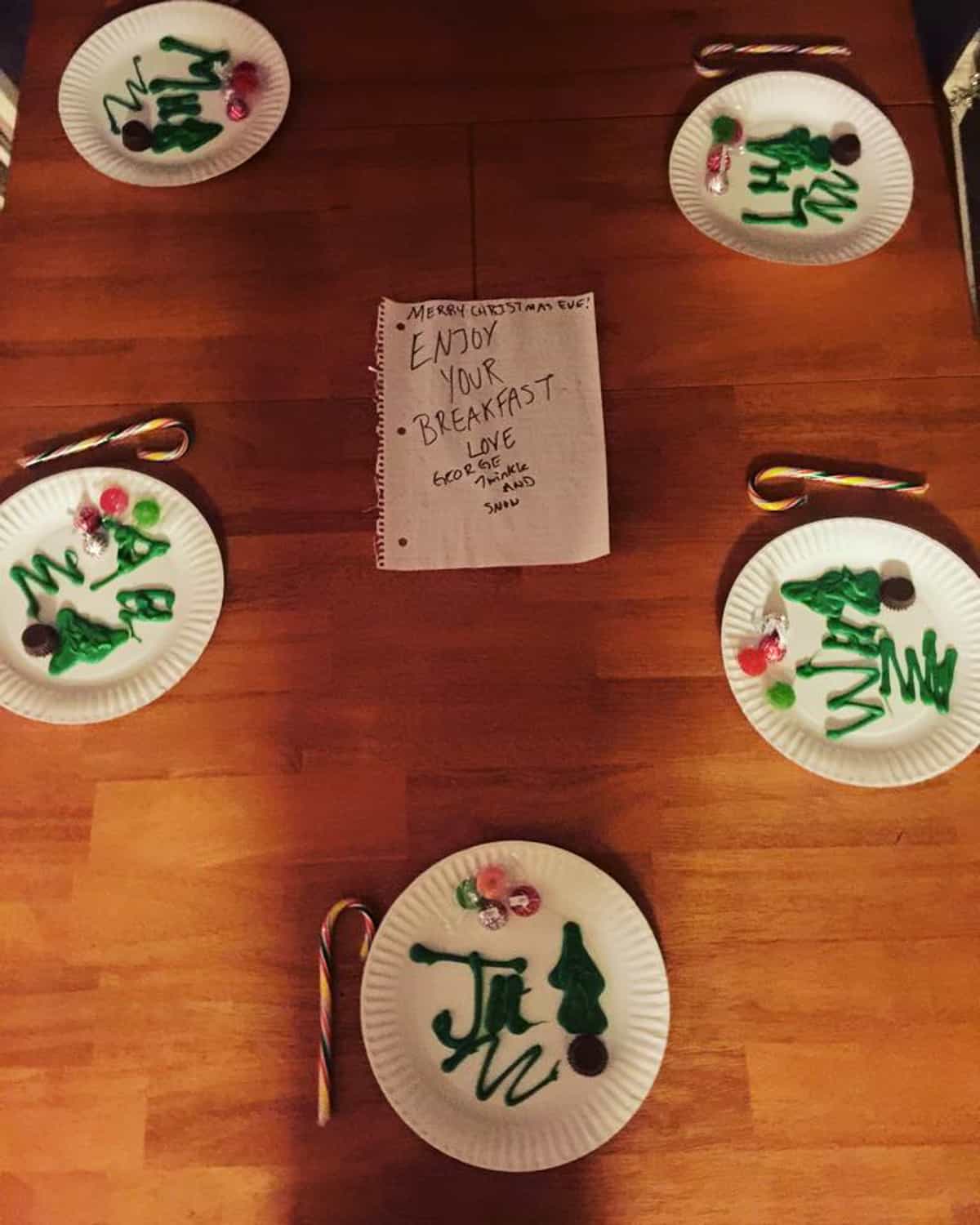 A table full of paper plates with christmas decorations on them.