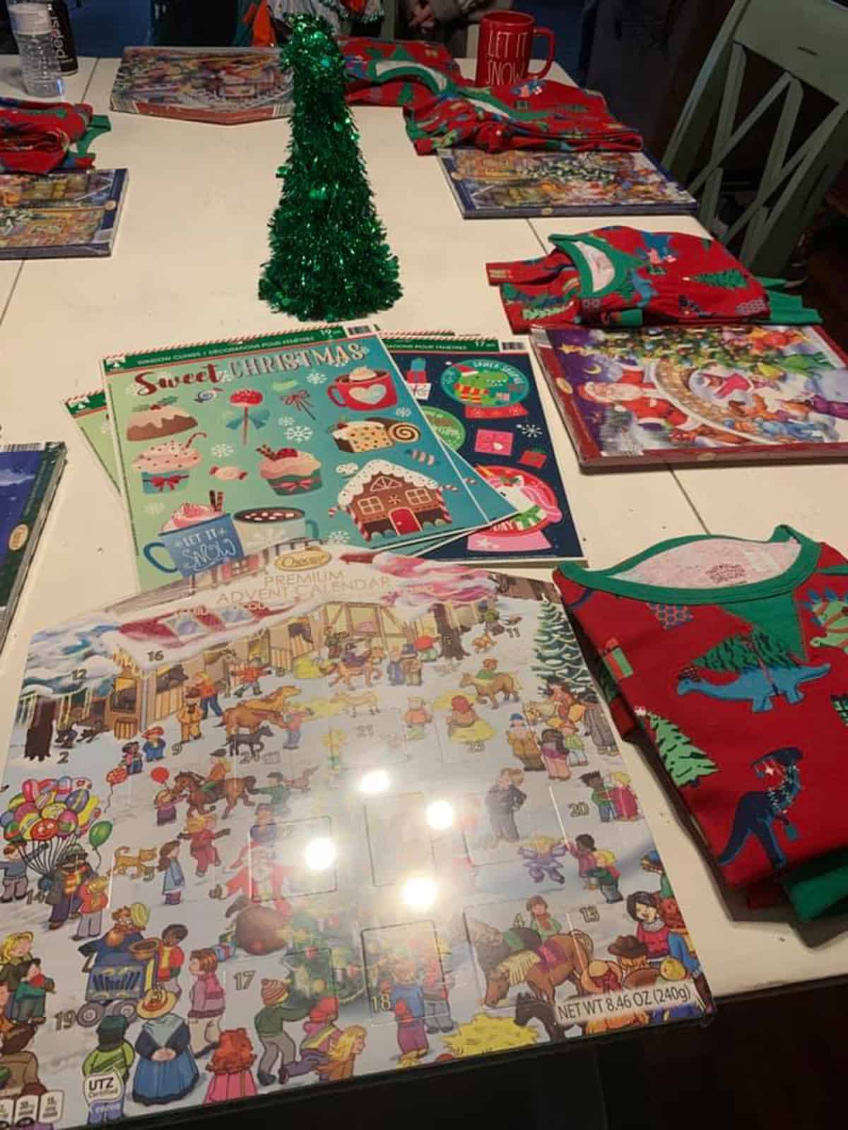 Christmas jigsaw puzzles on a table.