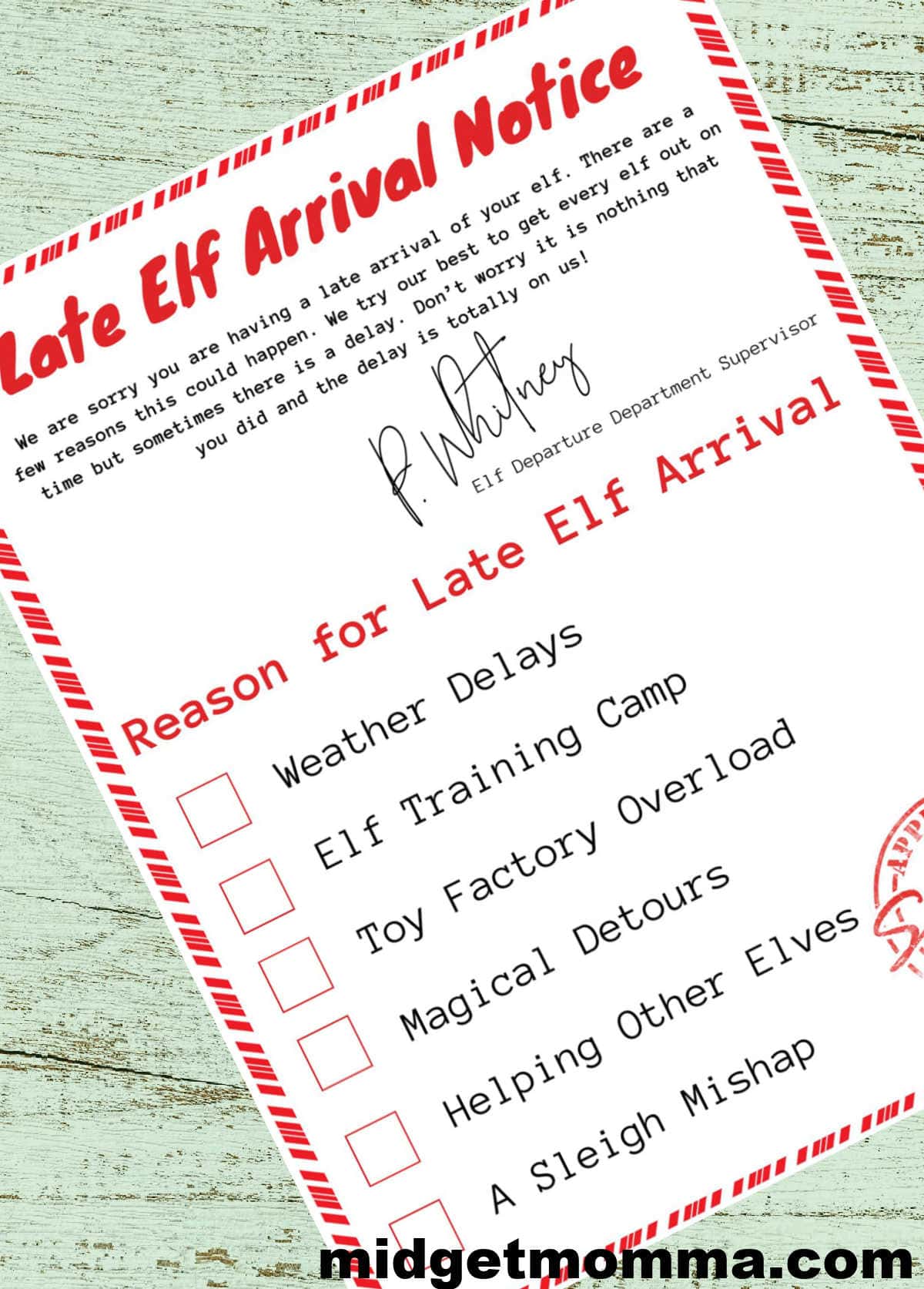 Elf on the Shelf Late arrival notice printable