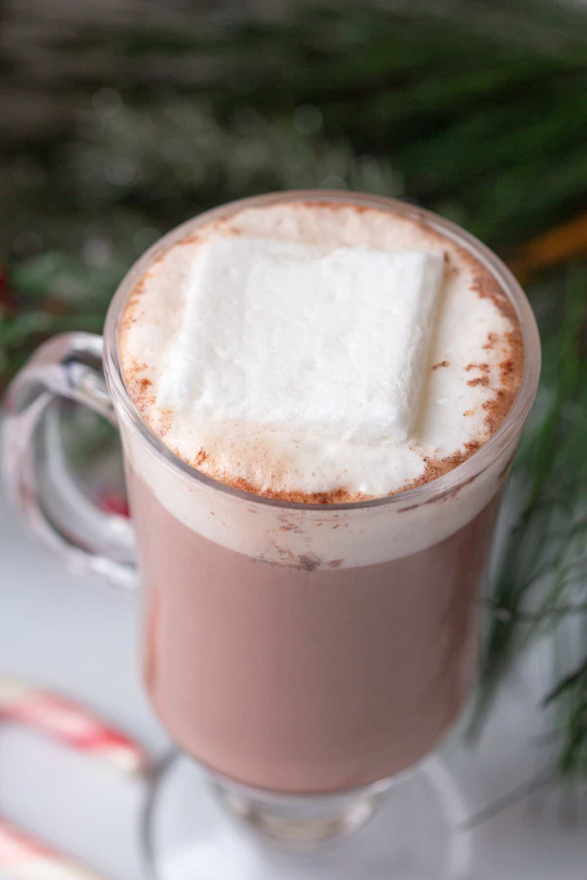 A cup of hot chocolate with marshmallows and candy canes.