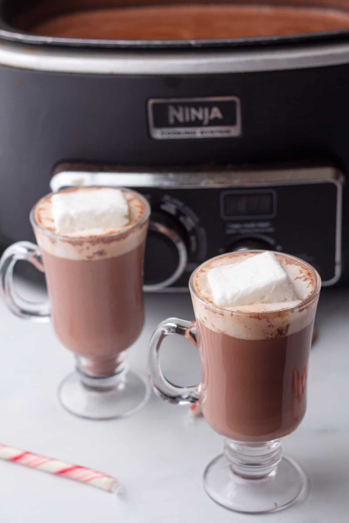 Two cups of hot chocolate in front of a crock pot.