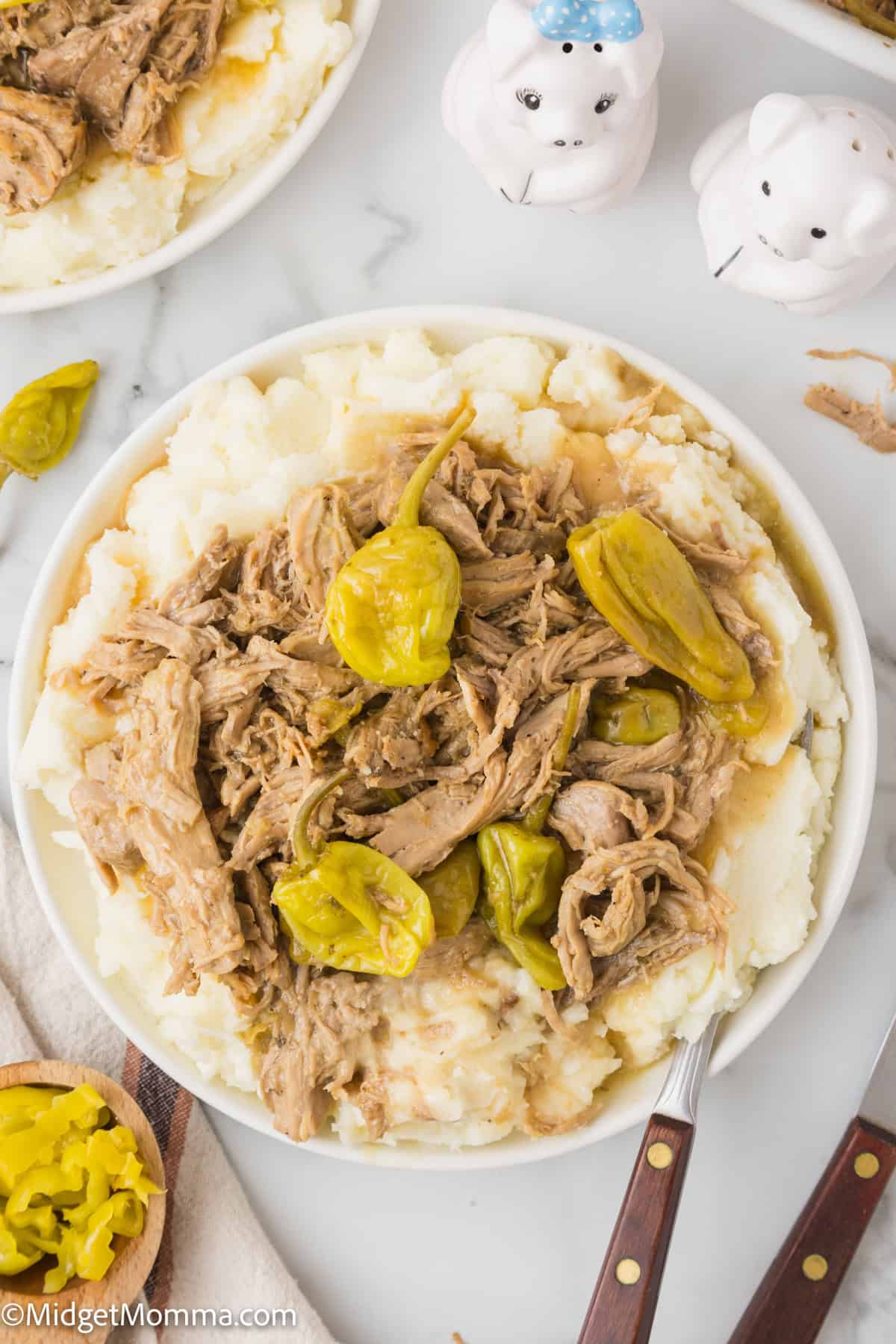 A bowl of shredded meat with green peppers on top of mashed potatoes. A fork rests on the side of the bowl. Salt and pepper shaker duo in the background.