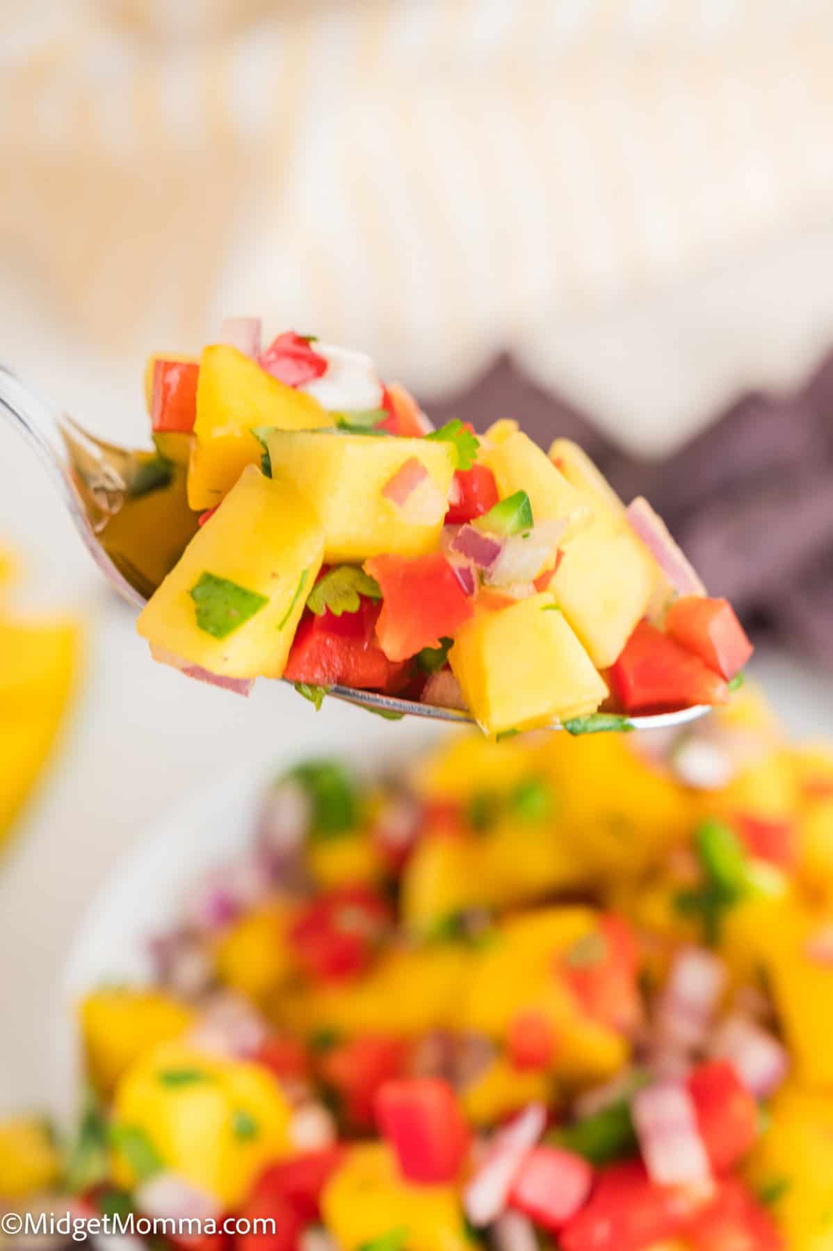 A spoonful of fresh mango salsa with diced mango, tomato, red onion, and cilantro, held above a bowl of the same salsa.