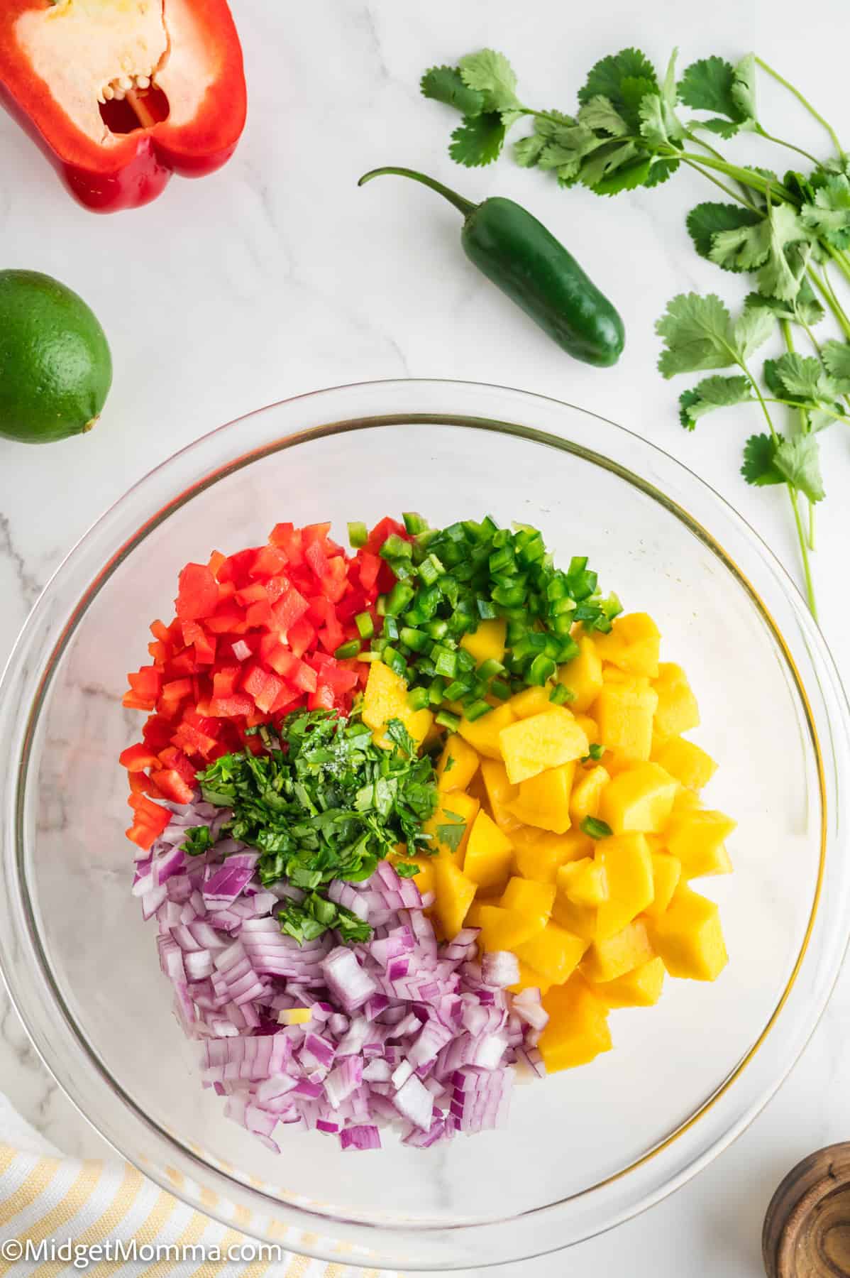 A glass bowl contains diced red bell pepper, mango, red onion, and jalapeño, surrounded by fresh cilantro, lime, a jalapeño, and a red bell pepper on a white surface.