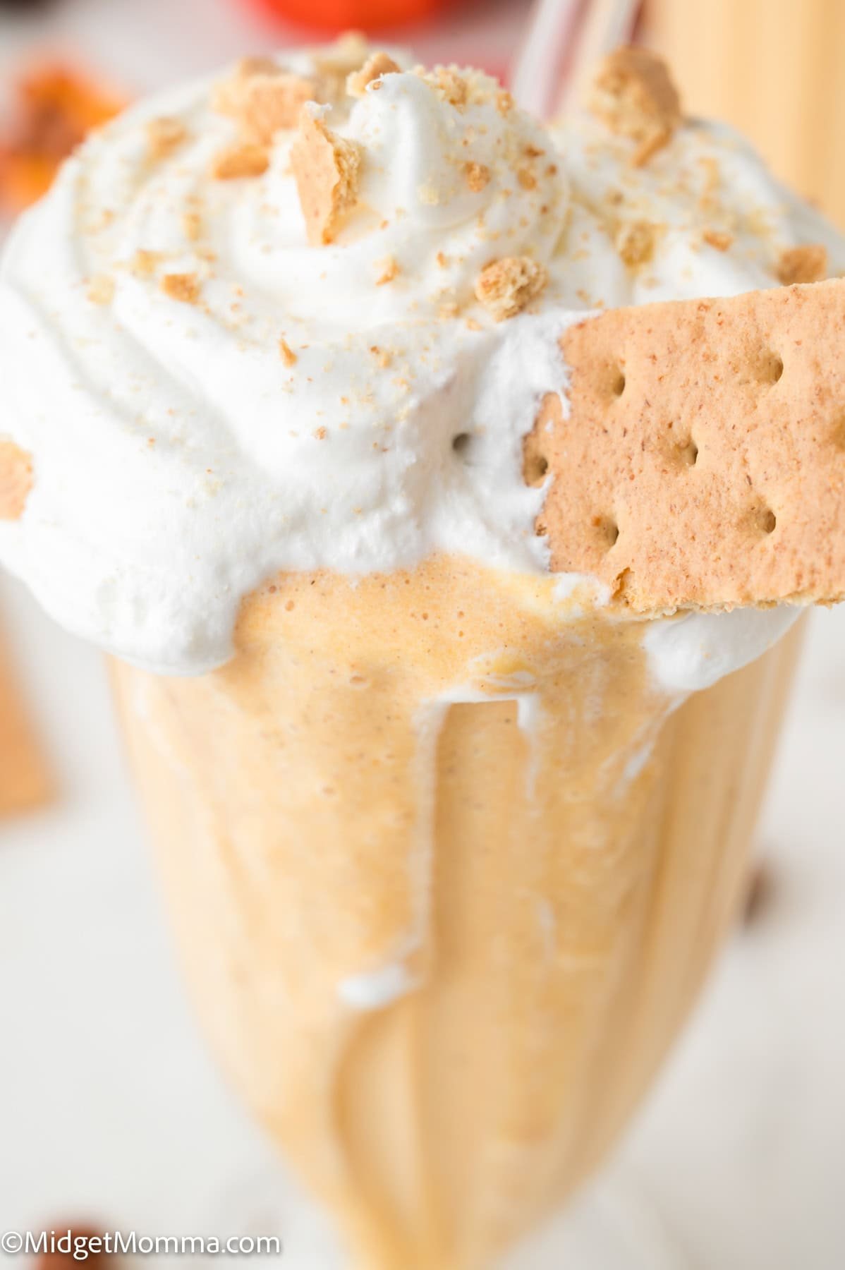 A glass filled with a creamy pumpkin milkshake, topped with whipped cream, crushed graham cracker crumbs, and a piece of graham cracker.