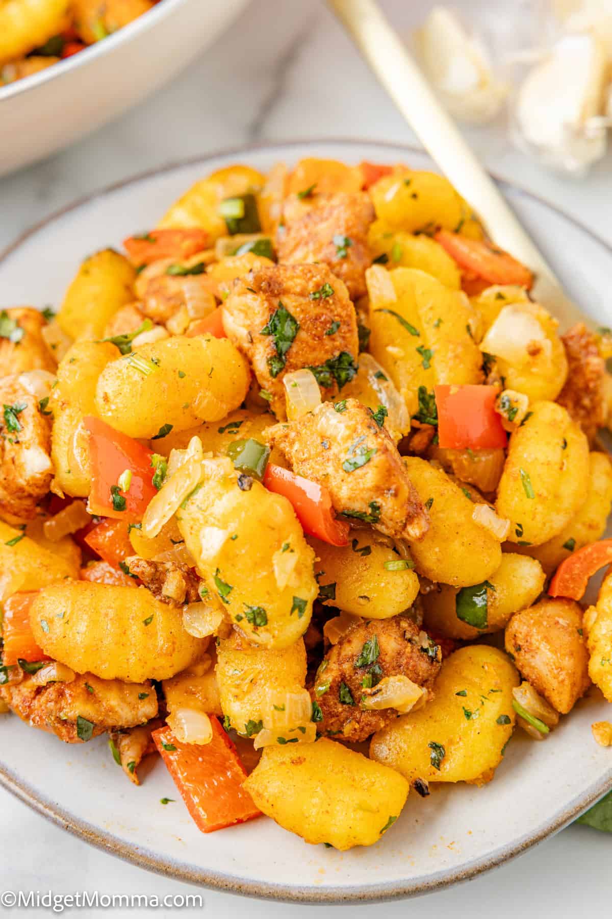 A plate of cooked gnocchi mixed with diced chicken, bell peppers, onions, and herbs.