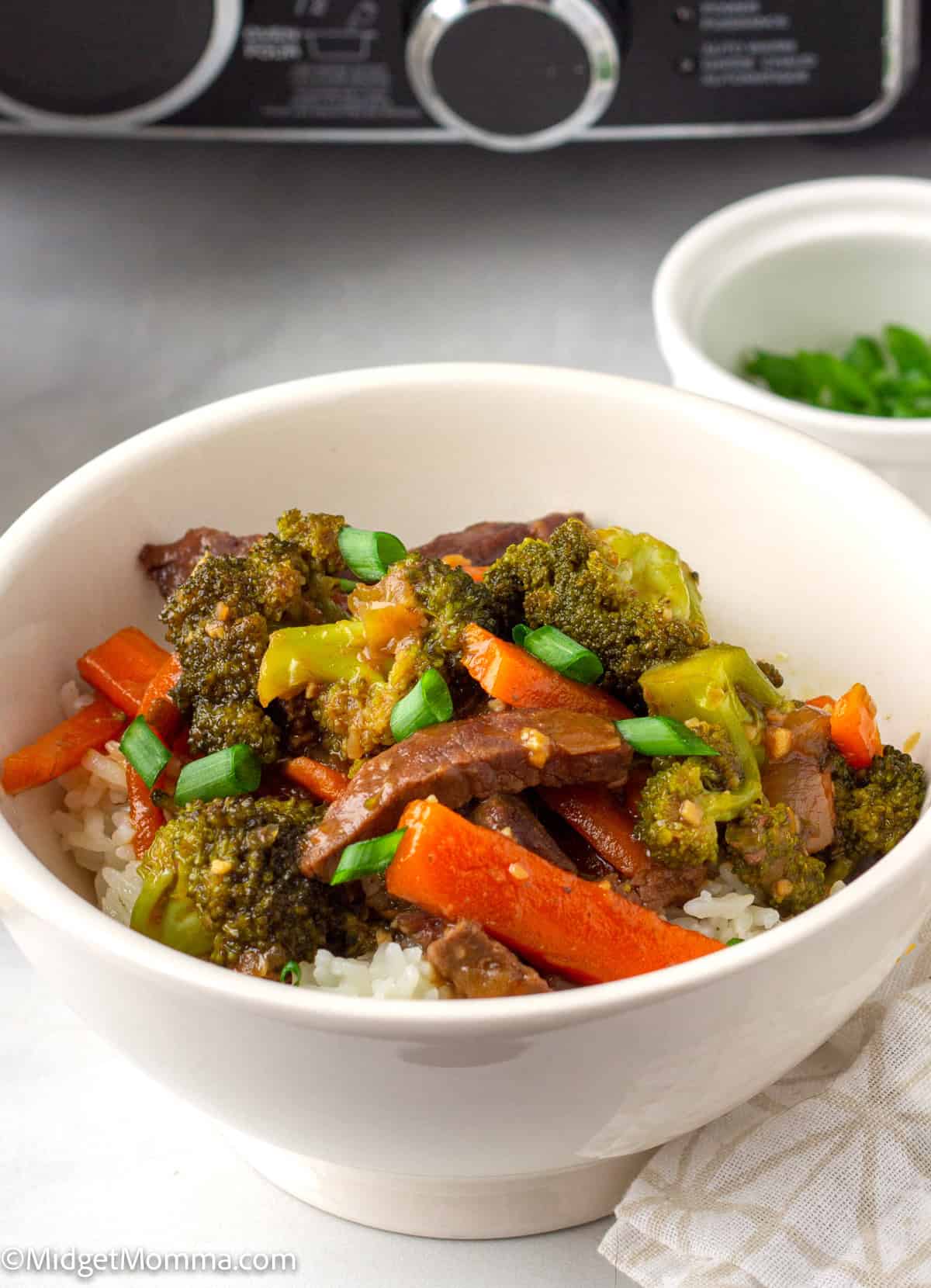A bowl of white rice topped with beef strips, broccoli, carrots, and green onions, with a slow cooker and a bowl of chopped green onions in the background.