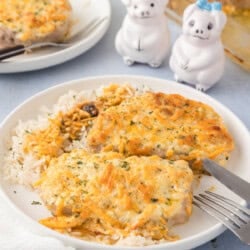 Two baked, cheese-covered chicken breasts served over white rice on a white plate, with a fork and knife, and pig-shaped salt and pepper shakers in the background.