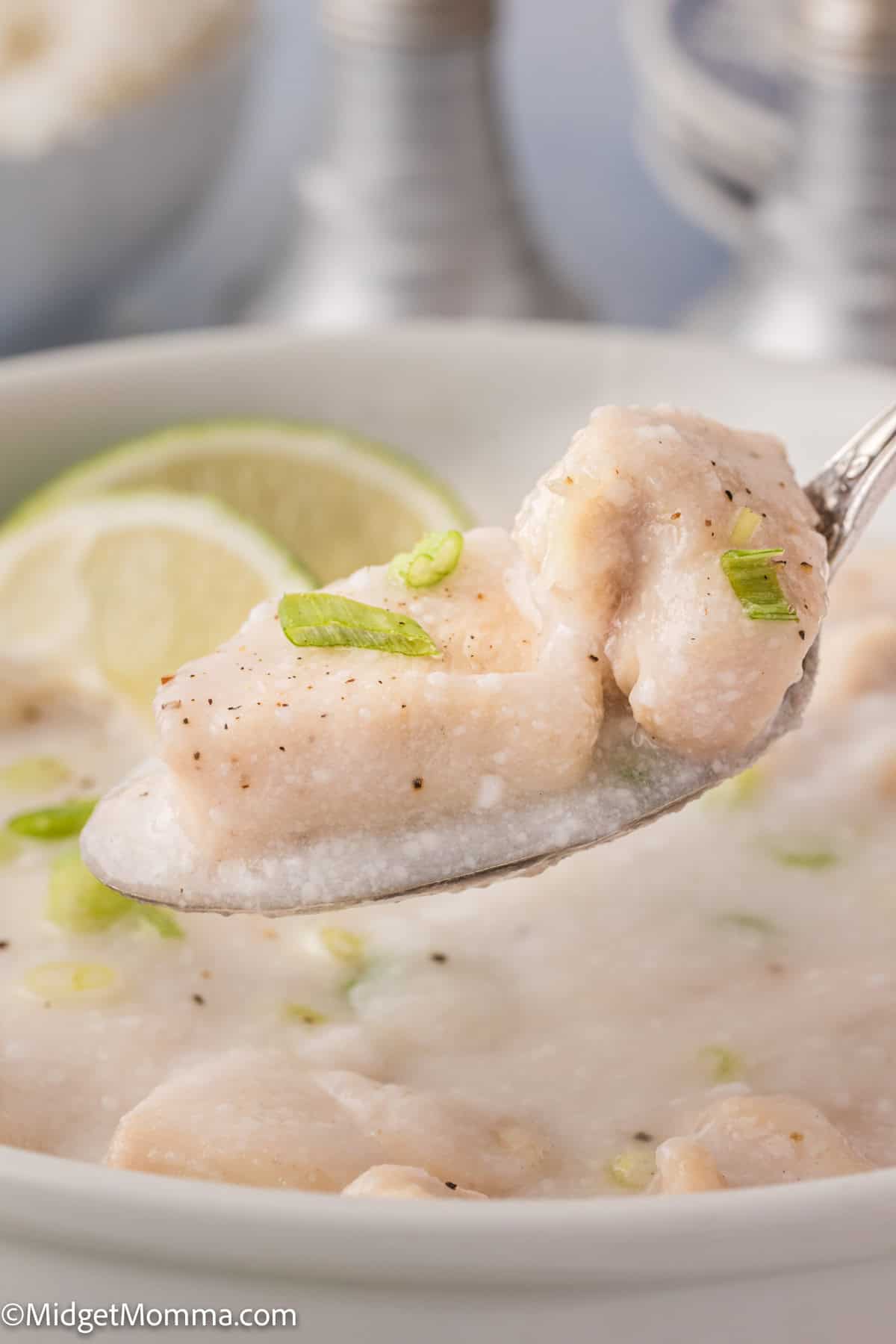 A spoonful of creamy white chicken and dumplings garnished with chopped green onions, held above a bowl with lime slices in the background.