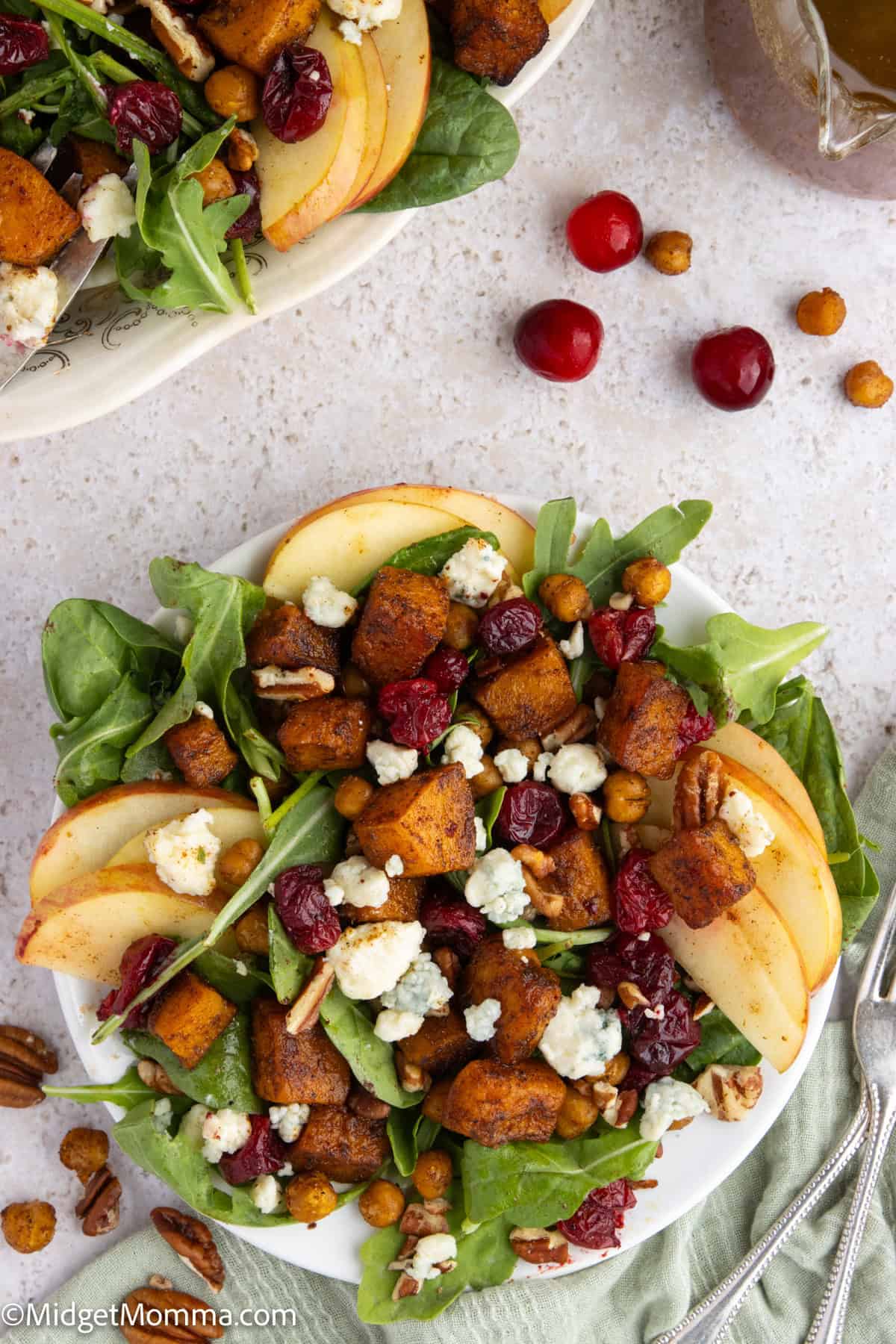 A salad with mixed greens, sliced apples, roasted sweet potatoes, pecans, dried cranberries, chickpeas, and crumbled cheese, served on a white plate.