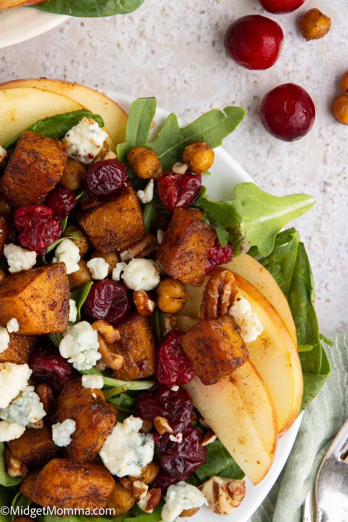 A salad with sliced pears, arugula, roasted butternut squash, dried cranberries, blue cheese crumbles, pecans, and chickpeas on a white plate.