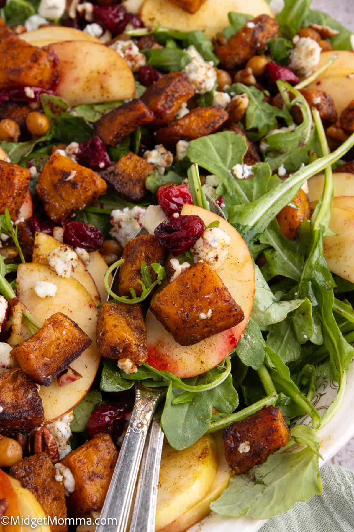 A salad with arugula, sliced apples, roasted sweet potato cubes, crumbled cheese, dried cranberries, and pecans.